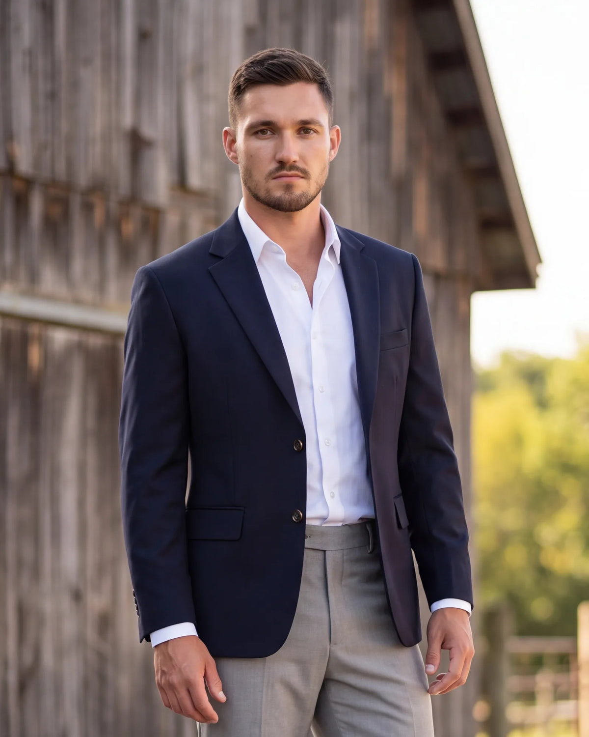 With no dress code on the invitation, a farm venue often allows a jacket and trousers without a tie.