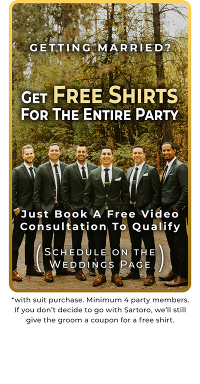 Groomsmen in green suits. Get free shirts for the entire wedding party when you book a free consultation.