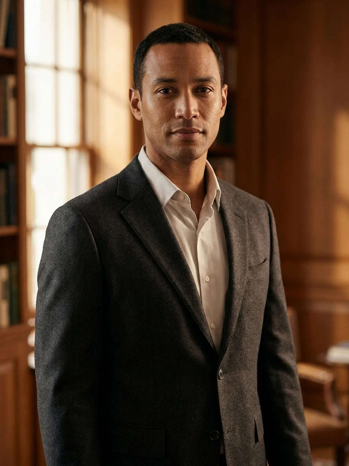 A man in a charcoal blazer styled smart-casual in a warm interior.