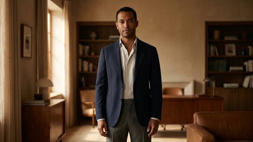 A man wearing a navy blazer open over grey trousers in a warm interior.