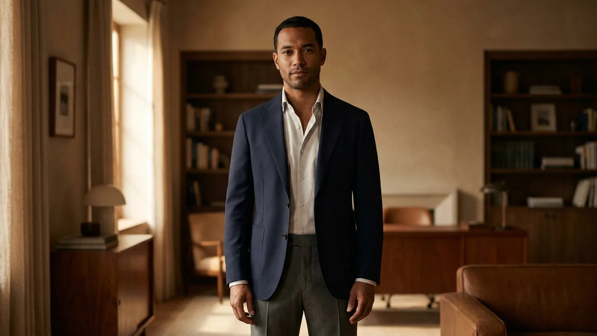 A man wearing a navy blazer open over grey trousers in a warm interior.