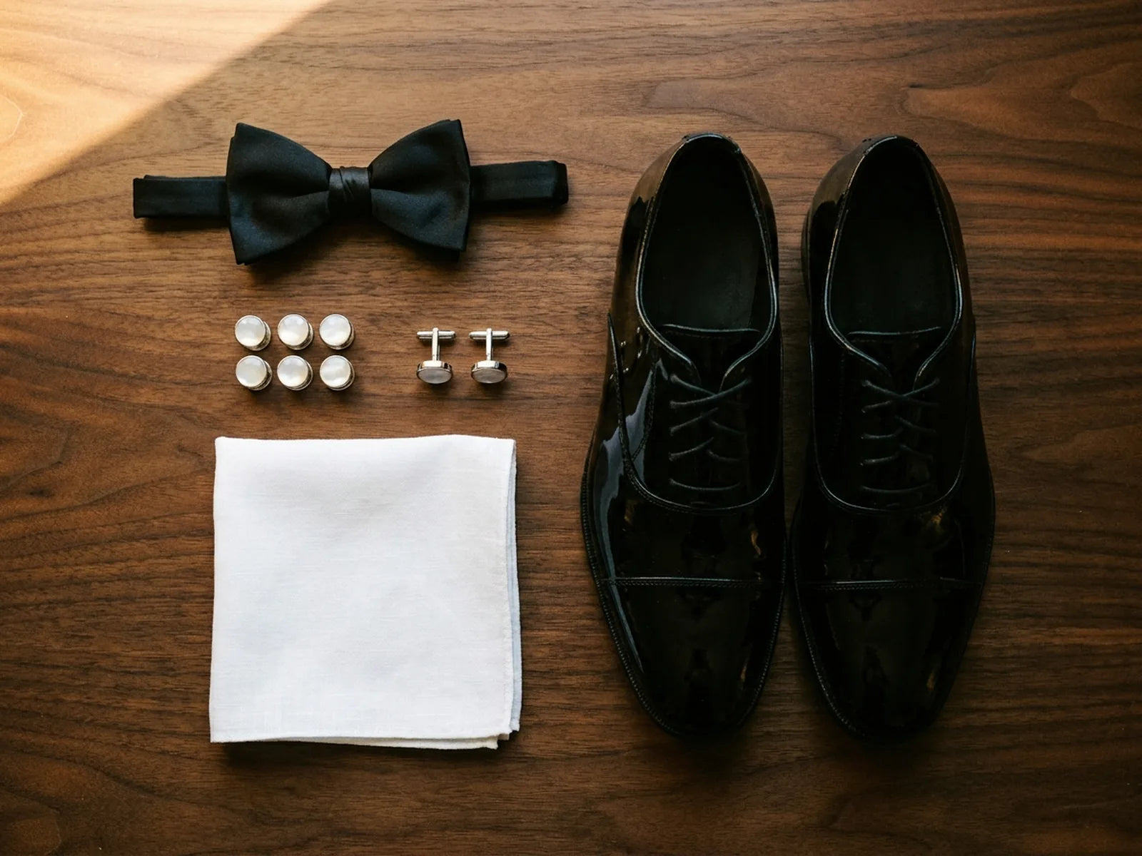 Black-tie accessories: bow tie, shirt studs, cufflinks, pocket square and patent oxford shoes.