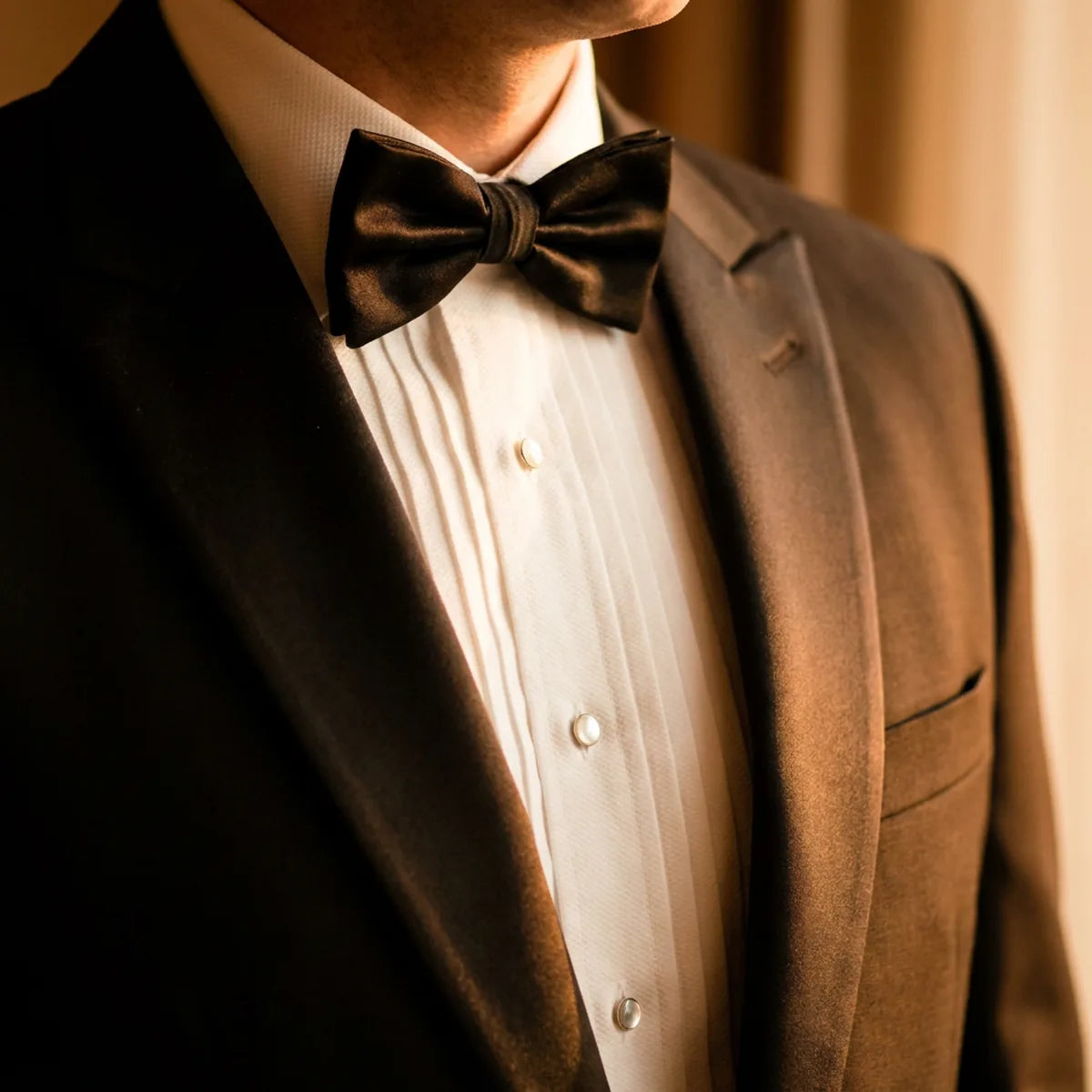 Close-up of a black tuxedo's satin lapel, bow tie and studded shirt front.