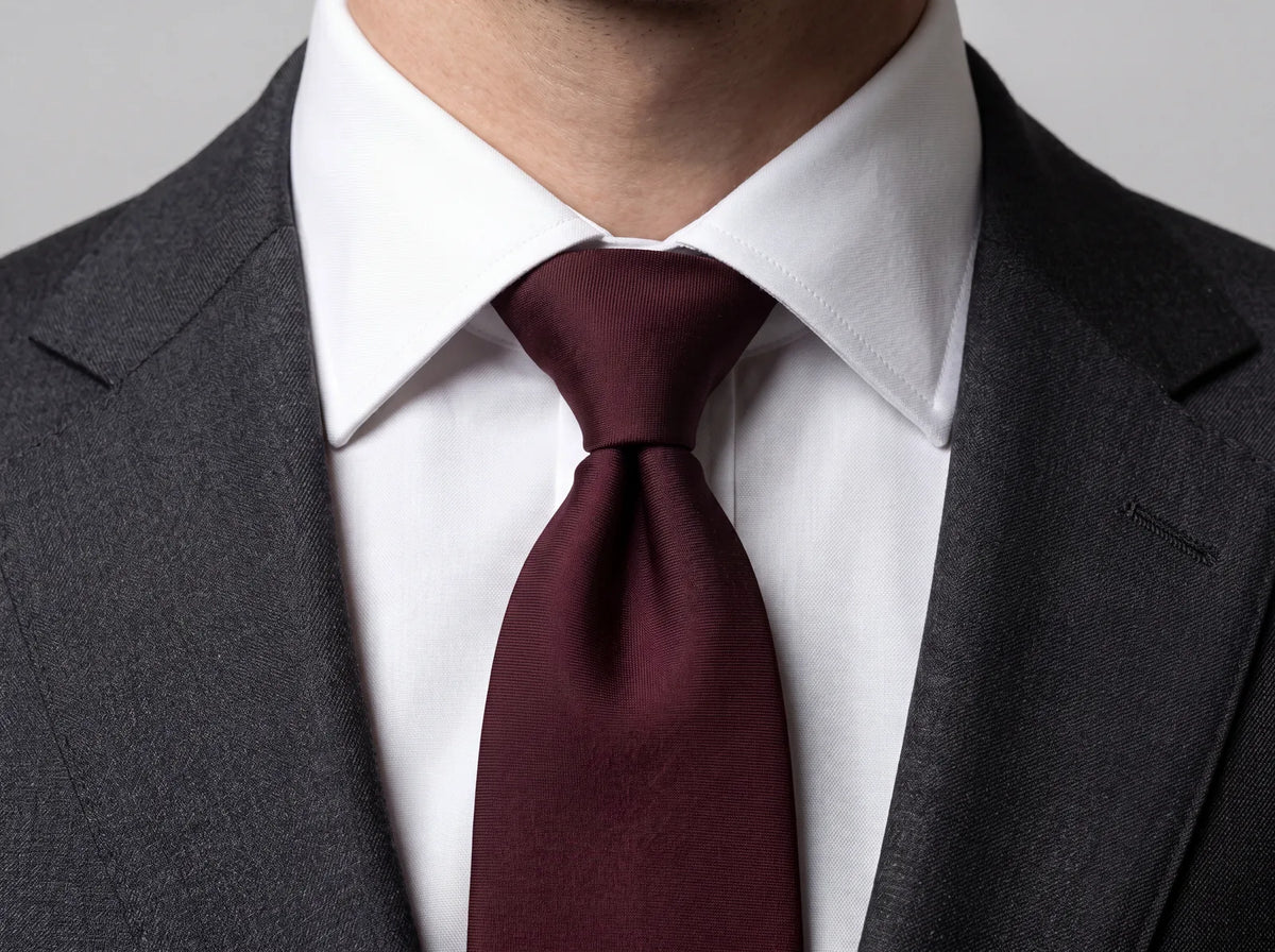 White spread-collar dress shirt with a burgundy silk tie in a full Windsor knot under a charcoal lapel