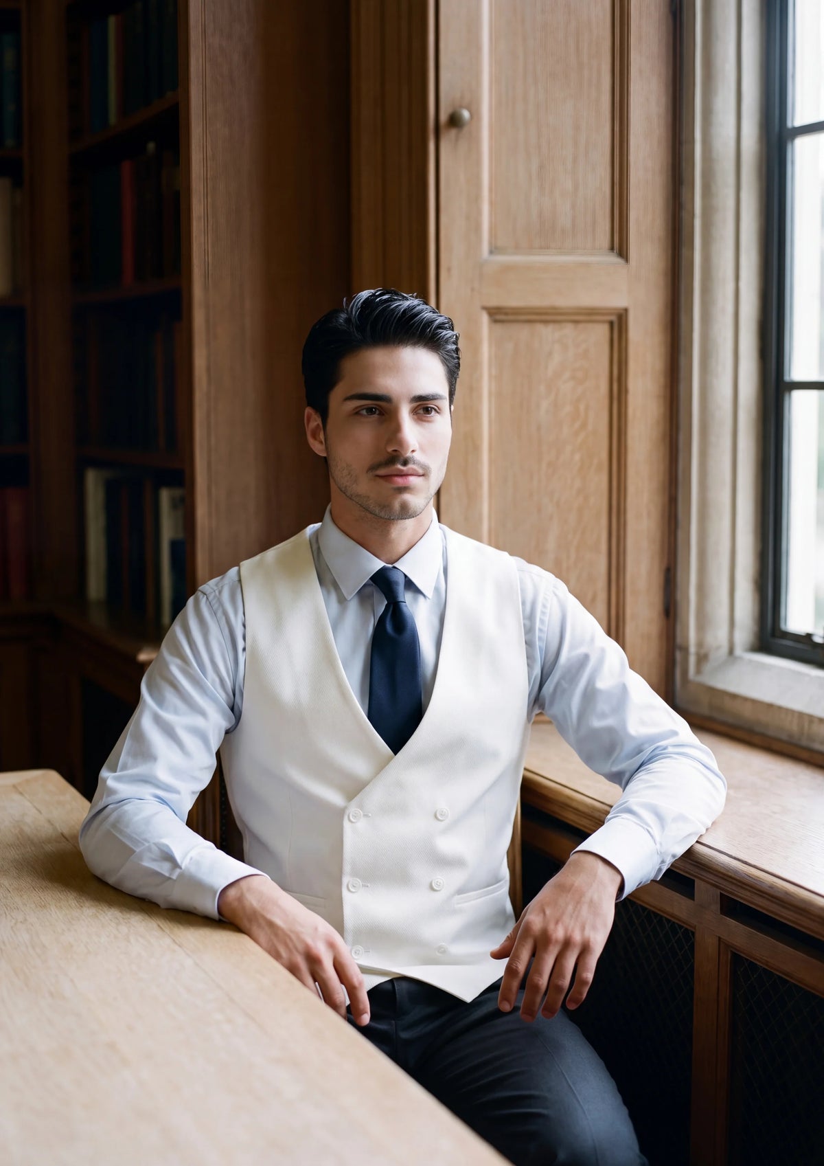 White Twill Vest worn by a model, faculty reading room35