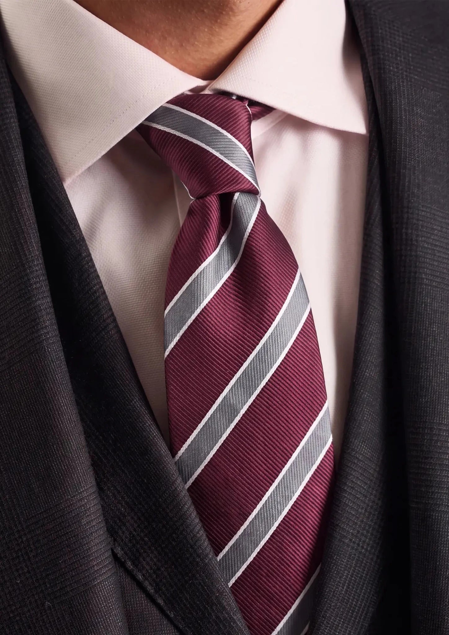 Wine Red Silver Stripe Tie - SARTORO350