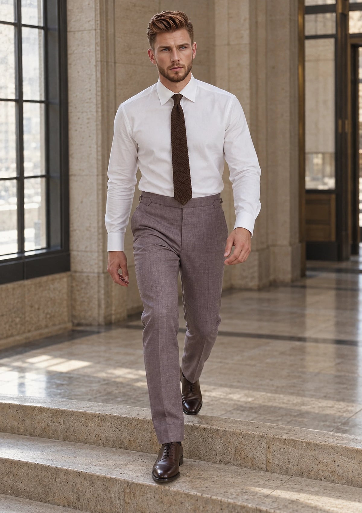 Wisteria Lilac Sharkskin Pants worn by a model, office lobby 1930s47