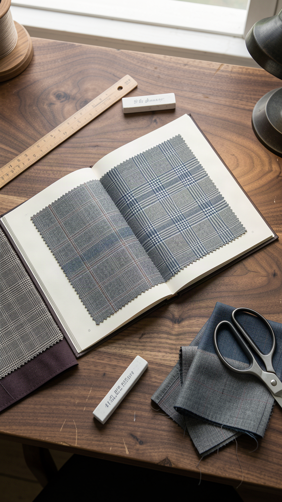 Tailor's selection flat lay with an open swatch book of Prince of Wales check and windowpane patterns, yard stick, chalk and shears on walnut