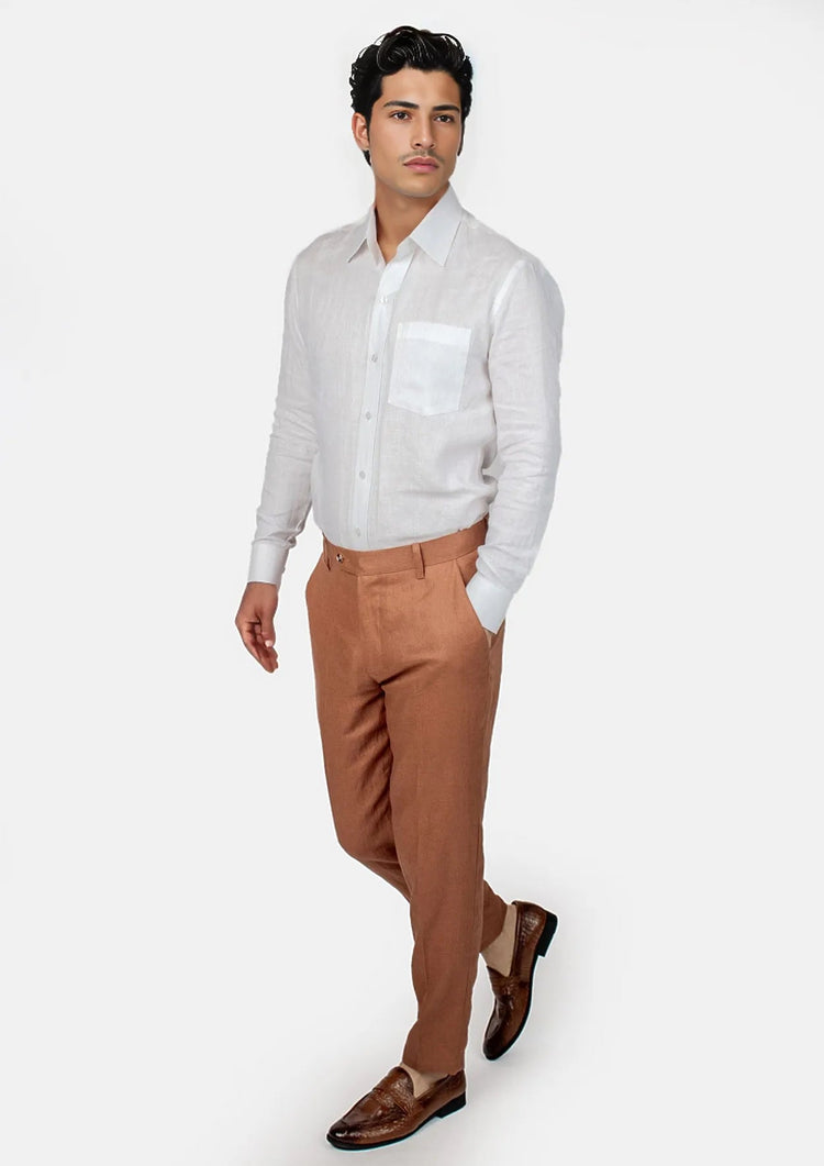 White Linen Shirt with Brown Linen Pants