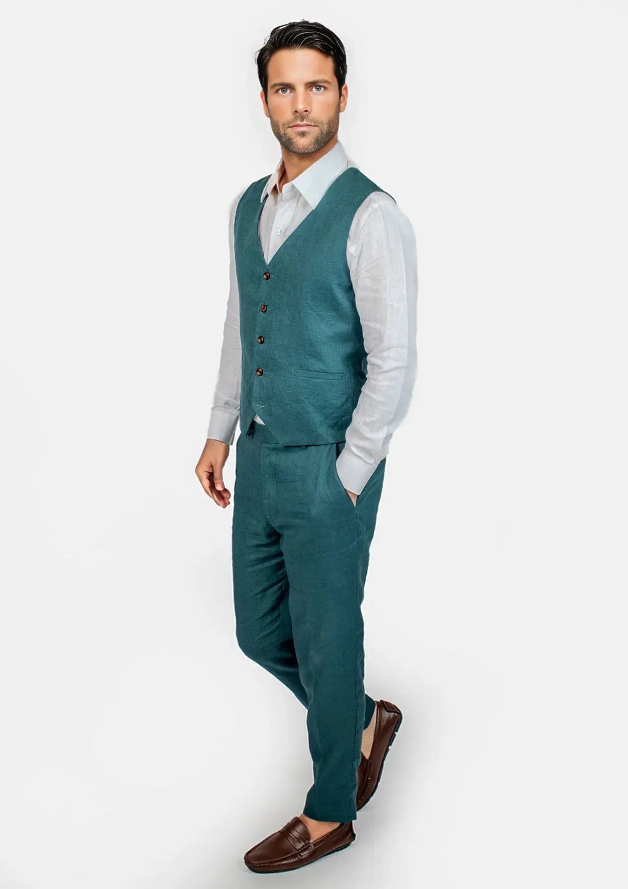 Deep Teal Linen Vest - SARTORO