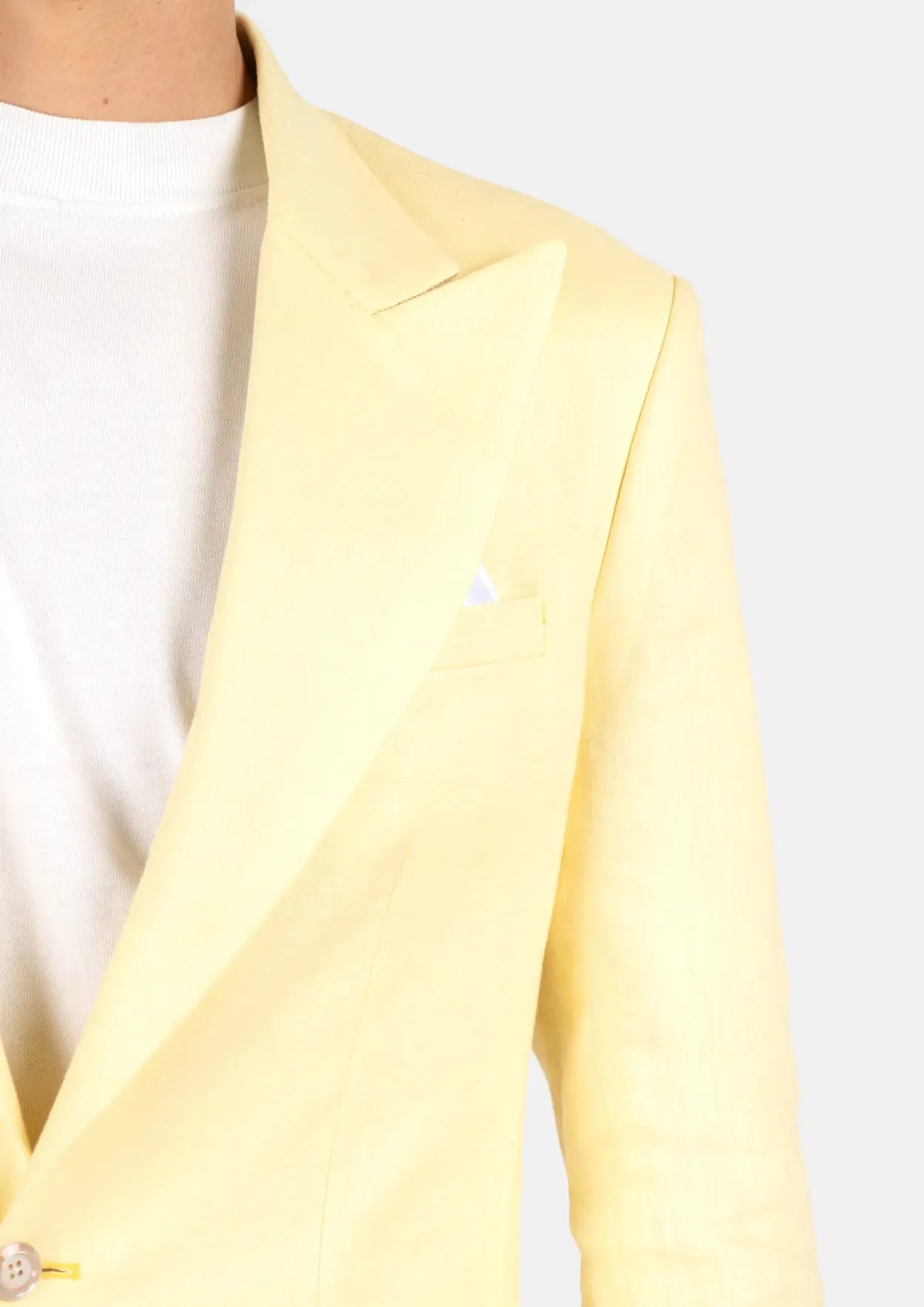 Detail of a light brown suit jacket with cream colored shirt and white  handkerchief, yellow patterned necktie and yellow flower Stock Photo - Alamy