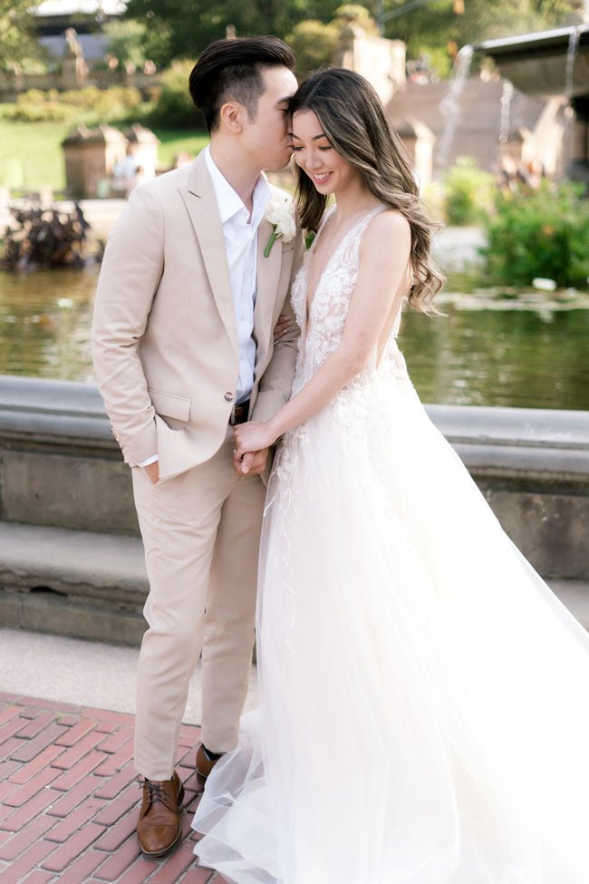 bride and groom in linen suit